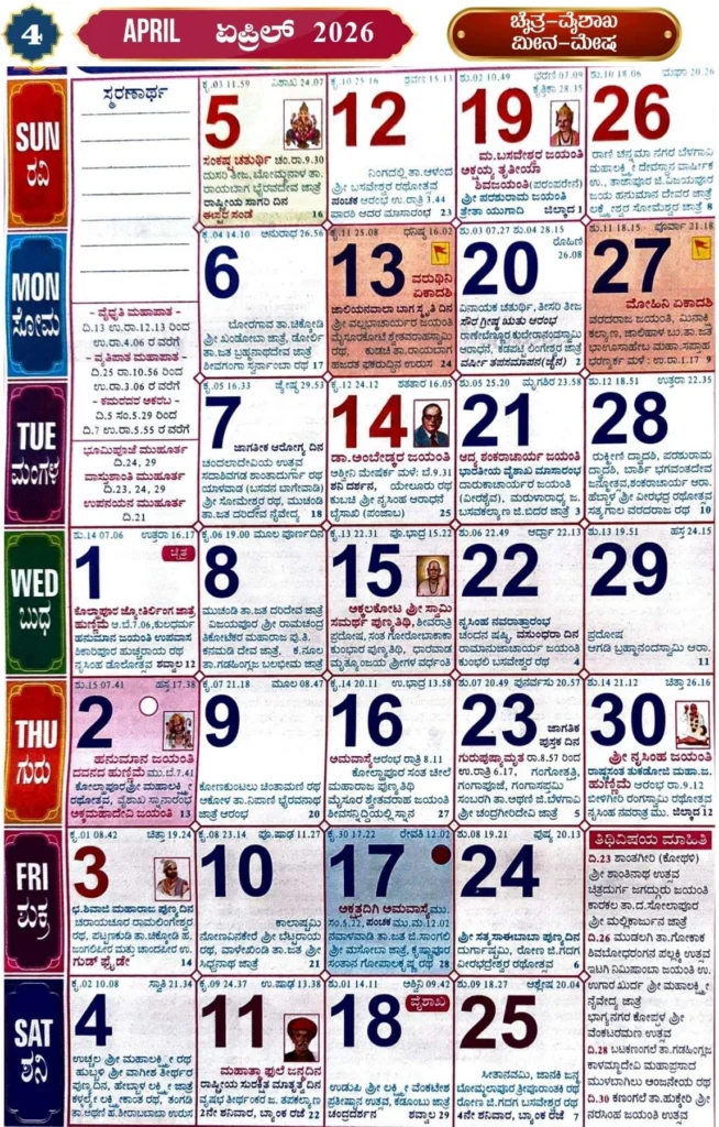 April Kannada Calendar 2026