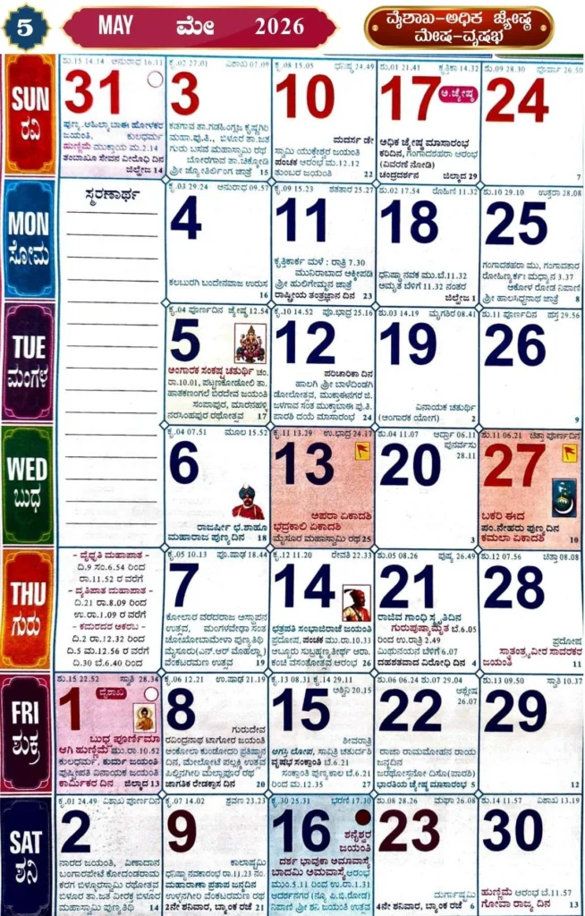 May Kannada Calendar 2026