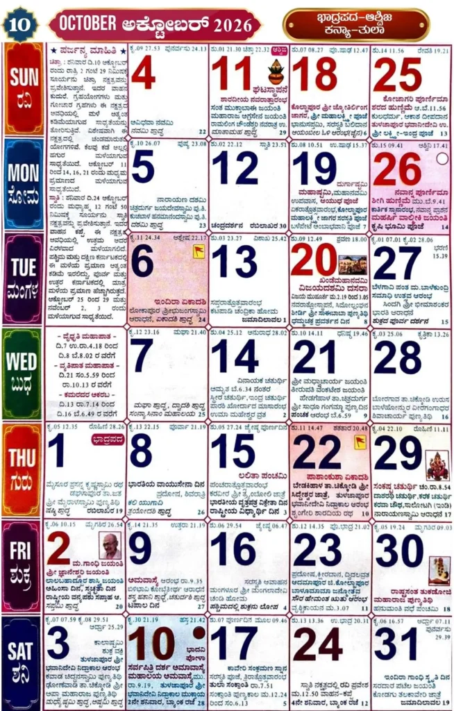October Kannada Calendar 2026